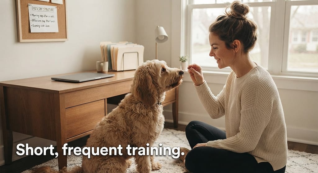 5-minute training photo Owner doing quick obedience session during break. Text: "Short, frequent training."