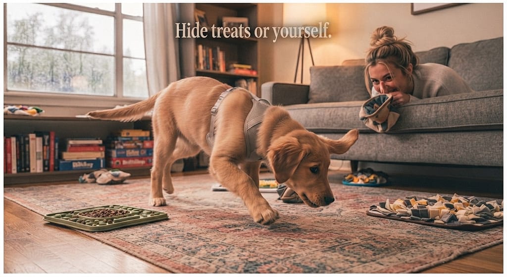 Hide and seek photo Owner hiding, dog searching. Text: "Hide treats or yourself."