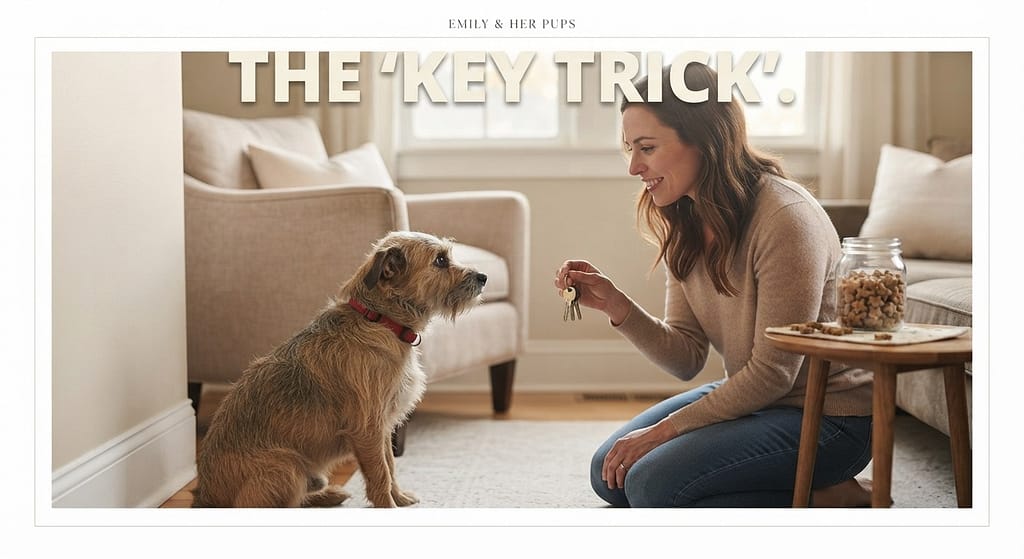 Desensitization hero photo Owner holding keys, dog calm, treats visible. Text: "The 'Key Trick'."