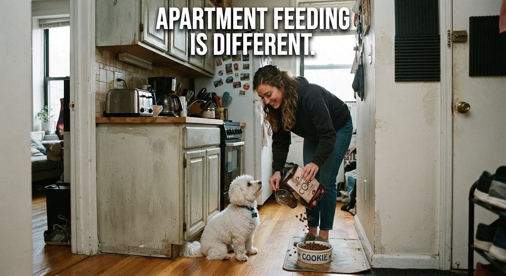 Owner in tiny kitchen measuring kibble, dog watching intently, thin walls visible. Text: "Apartment feeding is different."