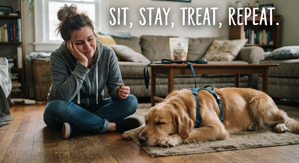Relatable "boring training" photo Owner looking bored, dog lying down uninterested. Text: "Sit, stay, treat, repeat."