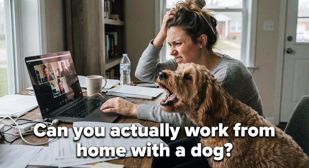 Relatable "WFH chaos" photo Owner on laptop looking stressed, dog staring intently, barking mid-Zoom visible. Text: "Can you actually work from home with a dog?"