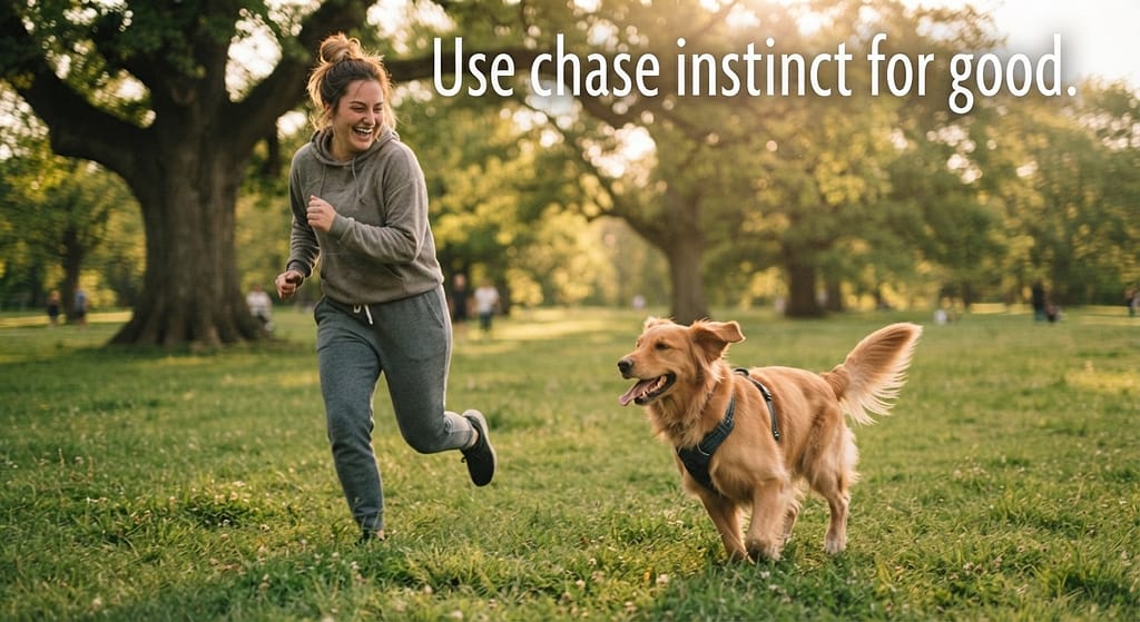 Chase me action photo Owner running playfully, dog chasing. Text: "Use chase instinct for good."