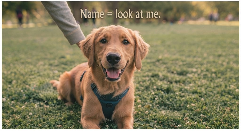 Name game photo Owner saying dog's name, dog looking. Text: "Name = look at me."