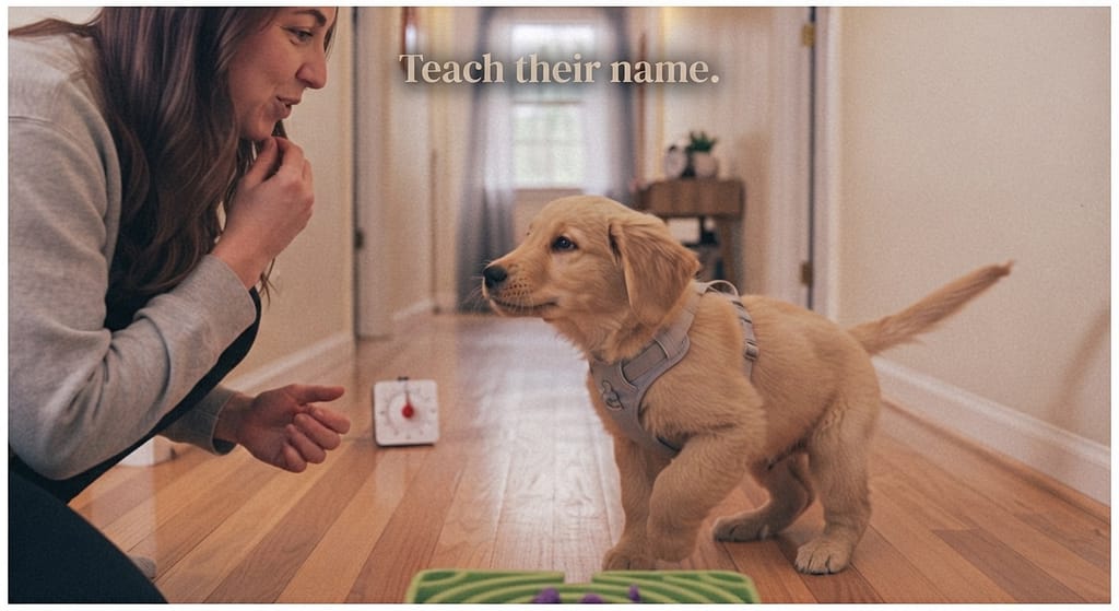 Puppy name game photo Owner saying name, puppy looking. Text: "Teach their name."