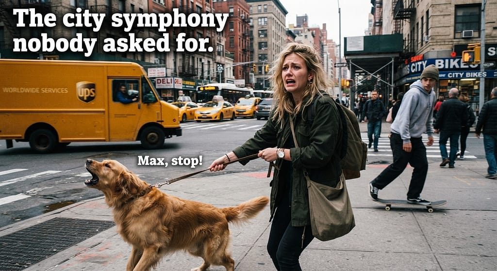 Relatable "city chaos" photo Owner with leash, dog barking at delivery truck, skateboarder nearby, stressed expression. Text: "The city symphony nobody asked for."