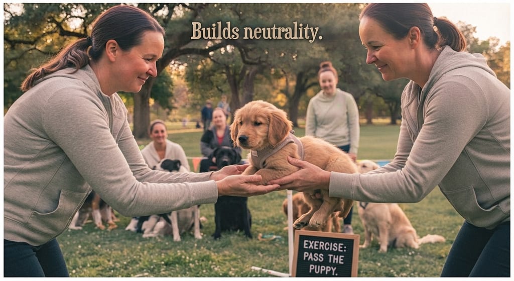 Pass the puppy photo Owners passing dogs gently. Text: "Builds neutrality."