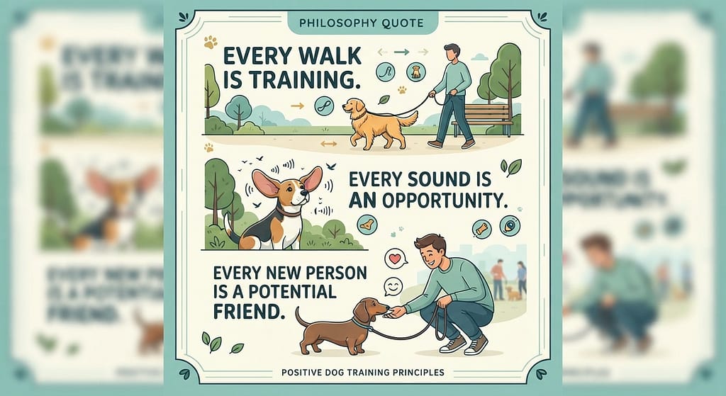 Philosophy quote graphic "Every walk is training. Every sound is an opportunity. Every new person is a potential friend."