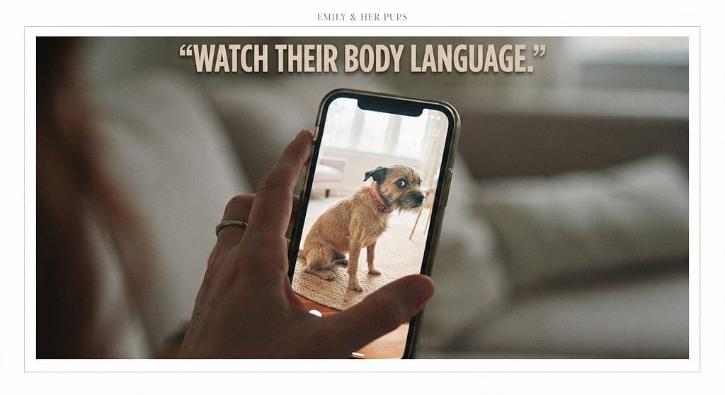 Pet camera view photo Phone showing dog via camera, ears back/stress signs. Text: "Watch their body language."
