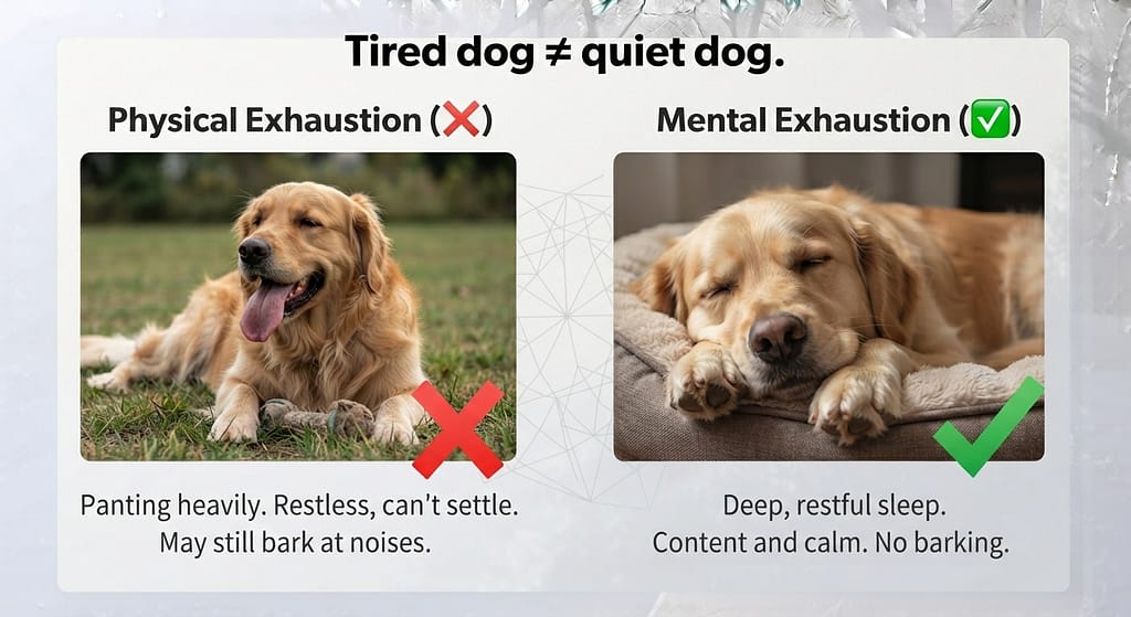 Tired dog vs mentally tired dog Physical exhaustion (❌) vs Mental exhaustion (✅). Text: "Tired dog ≠ quiet dog."