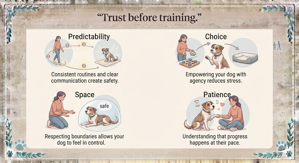 Trust-building icons Predictability / Choice / Space / Patience. Text: "Trust before training."