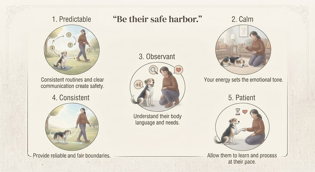 Owner role icons Predictable / Calm / Observant / Consistent / Patient. Text: "Be their safe harbor."