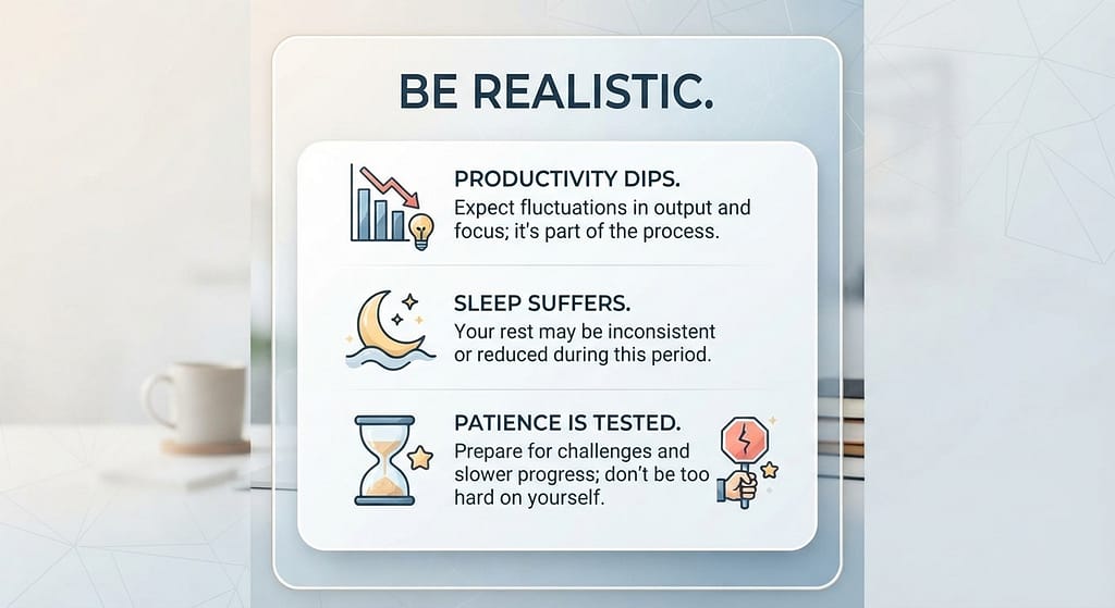 Realistic expectations graphic Productivity dip, sleep suffer, patience tested. Text: "Be realistic."