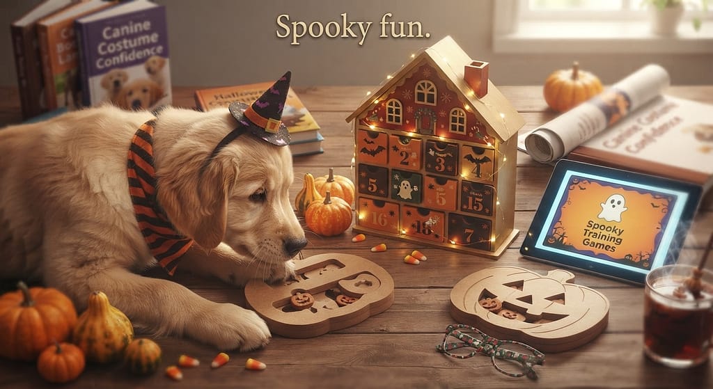 Halloween games photo Pumpkin puzzle, costume desensitization. Text: "Spooky fun."