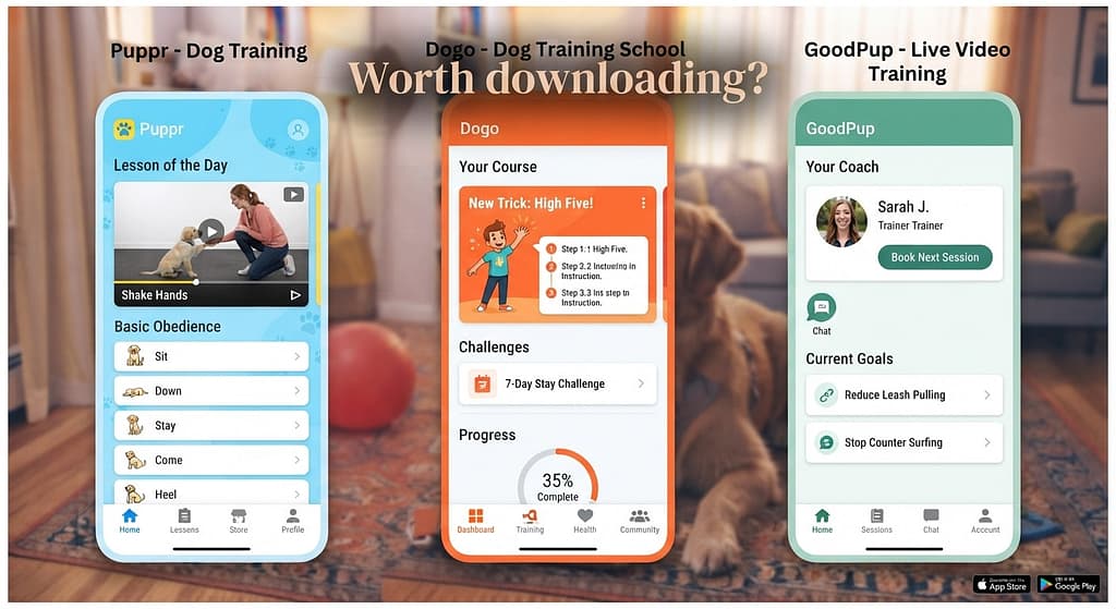 App screenshot Puppr, Dogo, GoodPup. Text: "Worth downloading?"