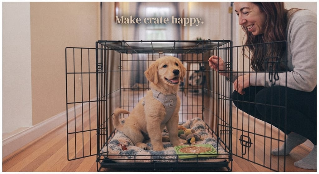 Puppy crate game photo Puppy in crate, happy. Text: "Make crate happy."