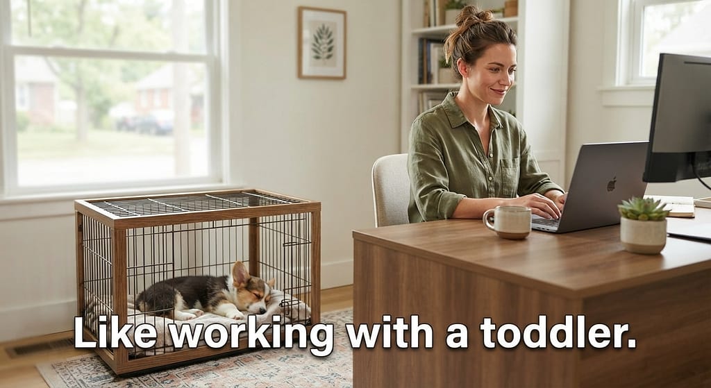 Puppy WFH hero photo Puppy in crate near desk, owner working. Text: "Like working with a toddler."