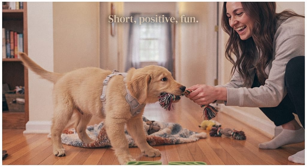 Puppy games hero photo Puppy playing with owner, short session. Text: "Short, positive, fun."