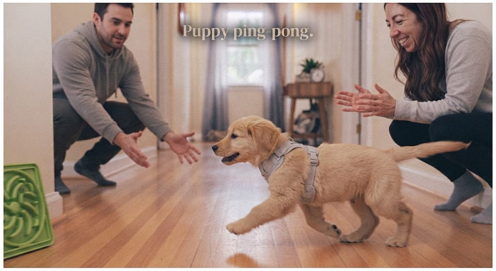 Puppy recall photo Puppy running between two people. Text: "Puppy ping-pong."