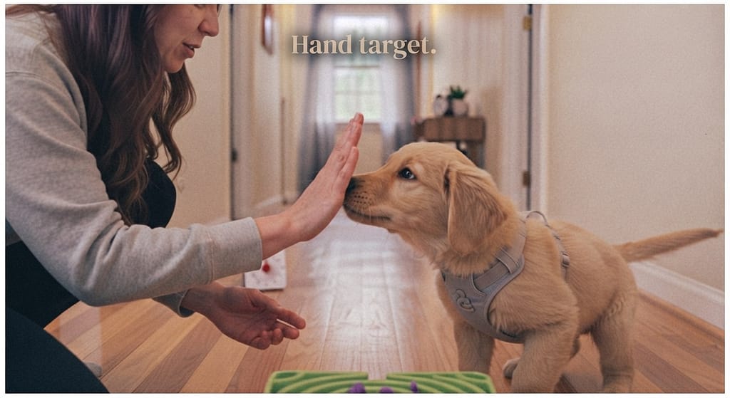 Hand target photo Puppy touching nose to palm. Text: "Hand target."