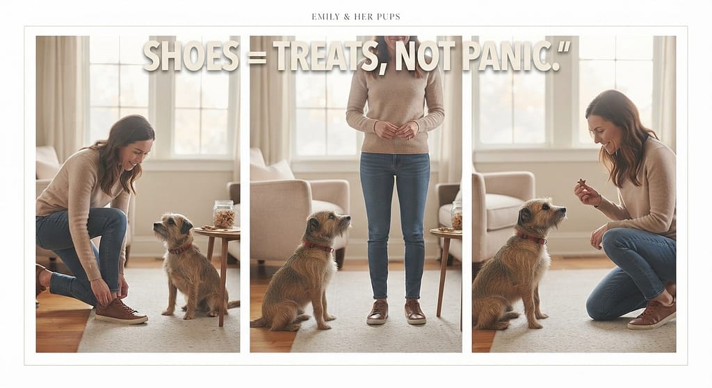 Shoes + treat sequence Putting on shoes, dog calm, treat. Text: "Shoes = treats, not panic."