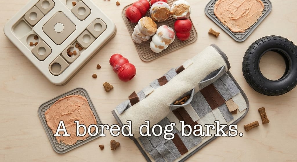 Enrichment flat lay Puzzle toys, frozen Kongs, sniff games. Text: "A bored dog barks."