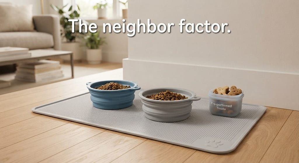 Quiet feeding setup photo Silicone bowls, pre-portioned treats, rubber mat. Text: "The neighbor factor."