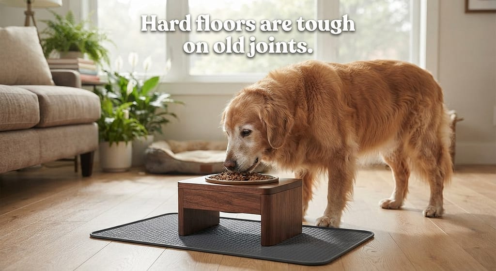 Raised bowl + non-slip mat photo Senior dog eating from raised stand. Text: "Hard floors are tough on old joints."