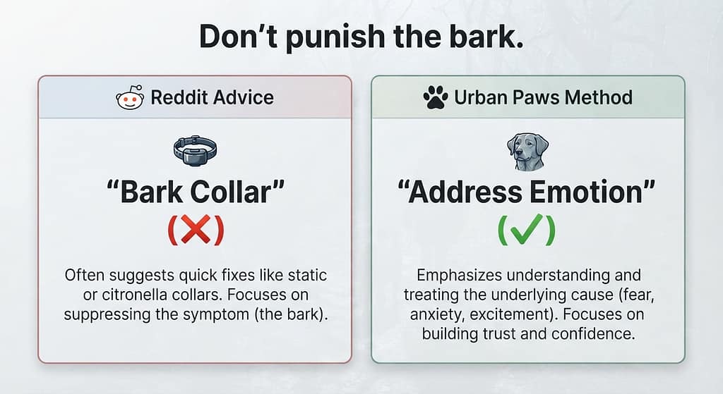 Reddit vs Urban Paws comparison Reddit: "Bark collar" (❌) vs Urban Paws: "Address emotion" (✅). Text: "Don't punish the bark."