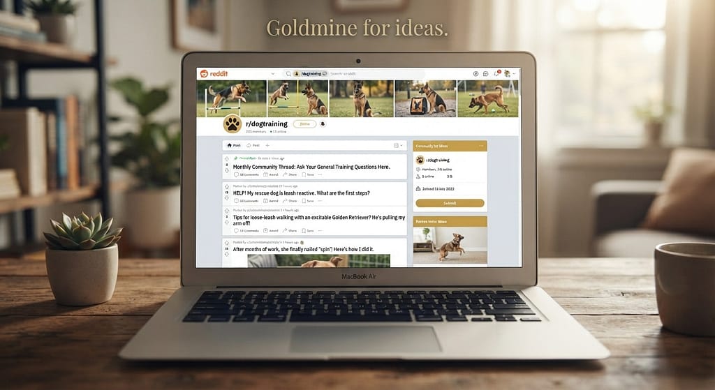 Reddit screenshot r/dogtraining. Text: "Goldmine for ideas."