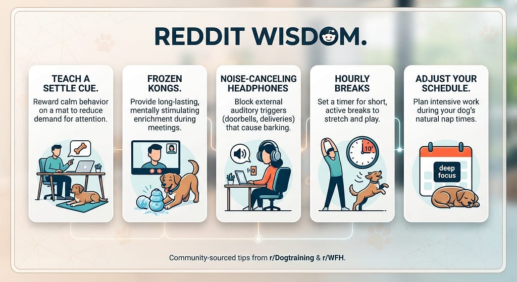 Reddit tips graphic Settle cue, frozen Kongs, headphones, hourly breaks, adjust. Text: "Reddit wisdom."