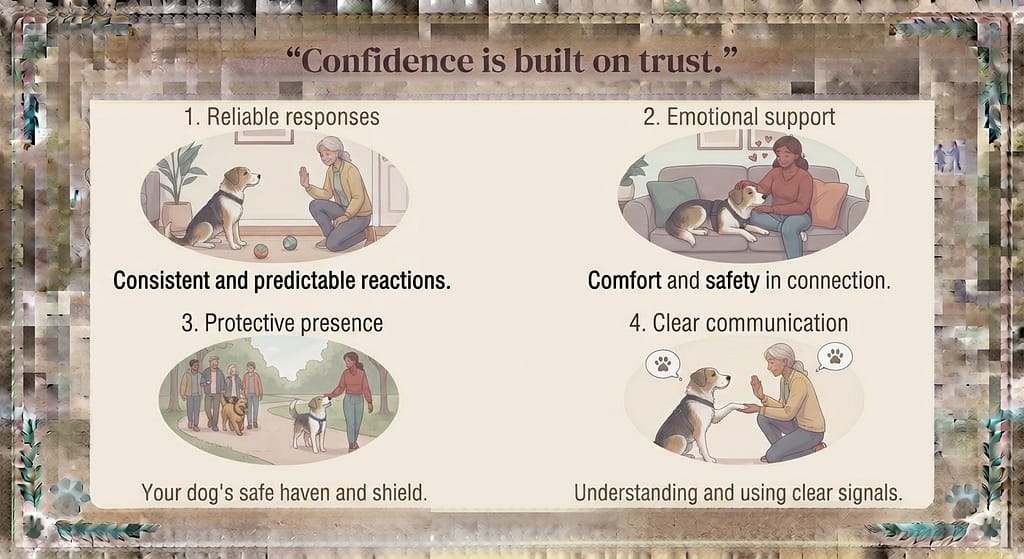Trust connection graphic Reliable responses / Emotional support / Protective presence / Clear communication. Text: "Confidence is built on trust."