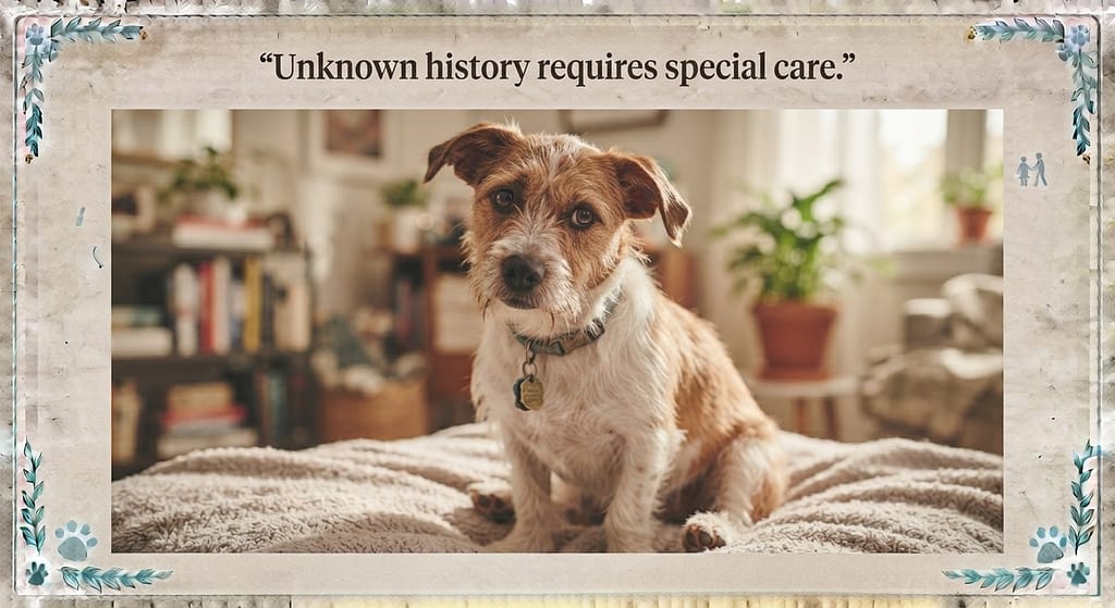 Rescue dog photo Rescue dog looking cautious but curious. Text: "Unknown history requires special care."