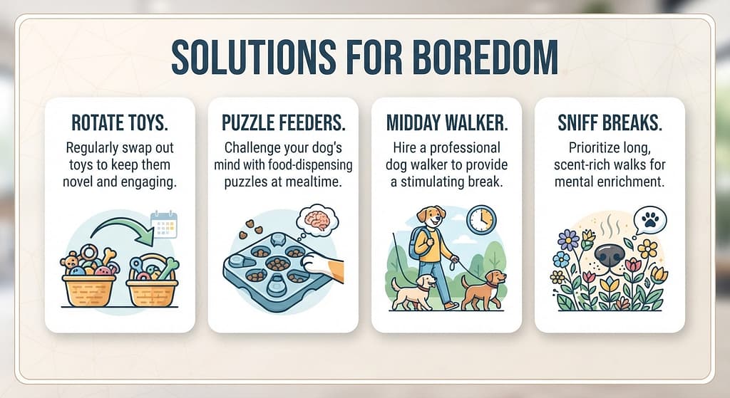 Solutions graphic Rotate toys, puzzle feeders, midday walker, sniff breaks. Text: "Solutions for boredom."