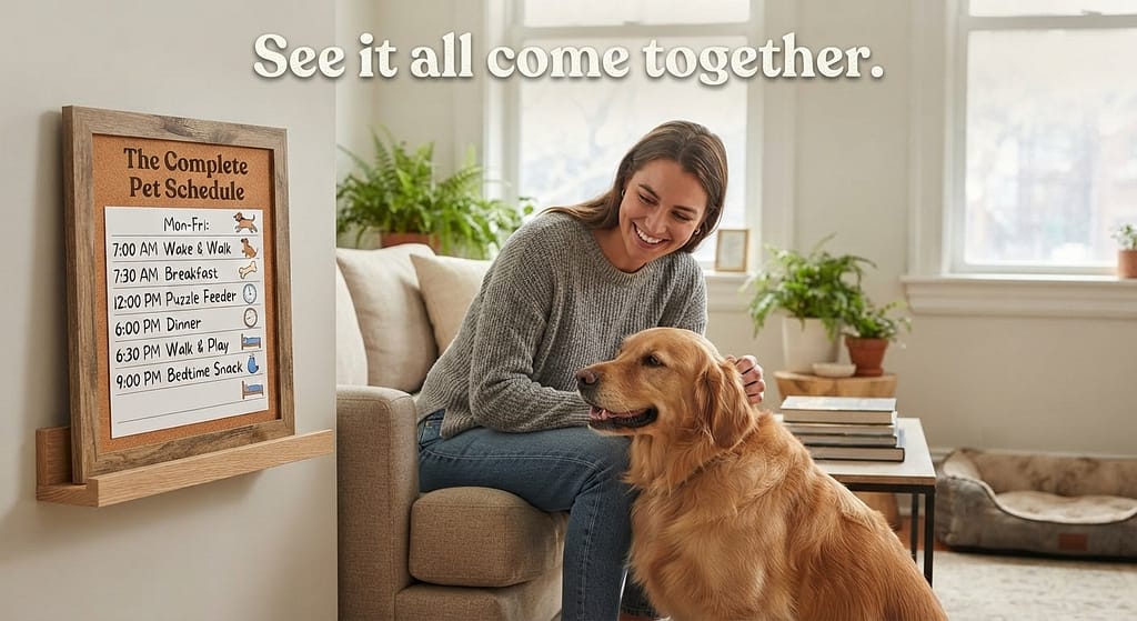 Sample routine hero photo Dog and owner in apartment, schedule visible. Text: "See it all come together."