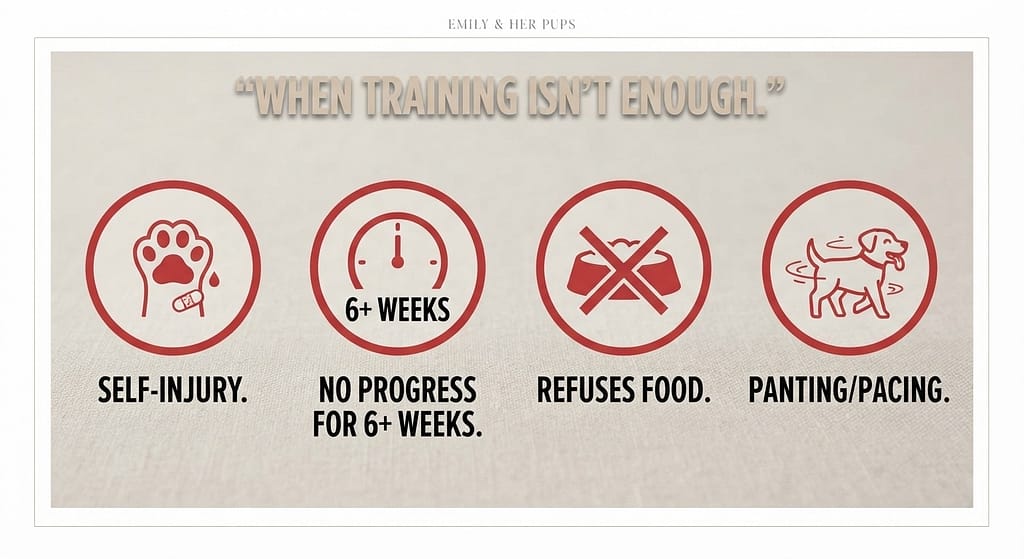 Red flag icons Self-injury / No progress 6+ weeks / Refuses food / Panting/pacing. Text: "When training isn't enough."