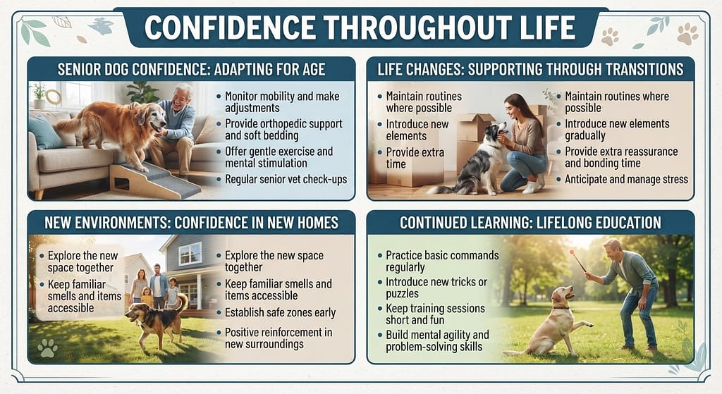 Lifespan graphic Senior dog confidence / Life changes / New environments / Continued learning. Text: "Confidence throughout lif