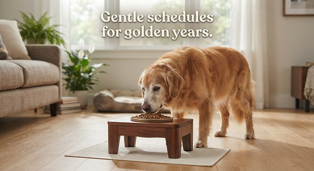 Senior dog feeding hero photo Older dog eating from raised bowl, gentle expression. Text: "Gentle schedules for golden years."