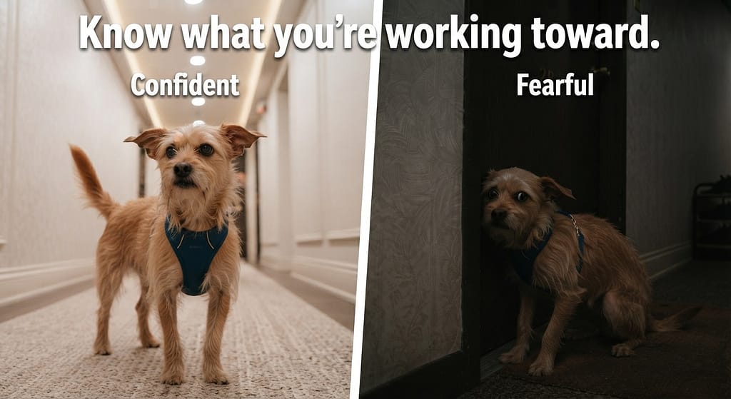 Confident vs fearful dog comparison Side-by-side: Confident dog (curious, relaxed) vs Fearful dog (cowering, tucked tail). Text: "Know what you're working toward."