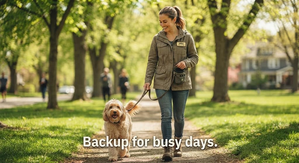 Dog sitter photo Sitter walking dog. Text: "Backup for busy days."
