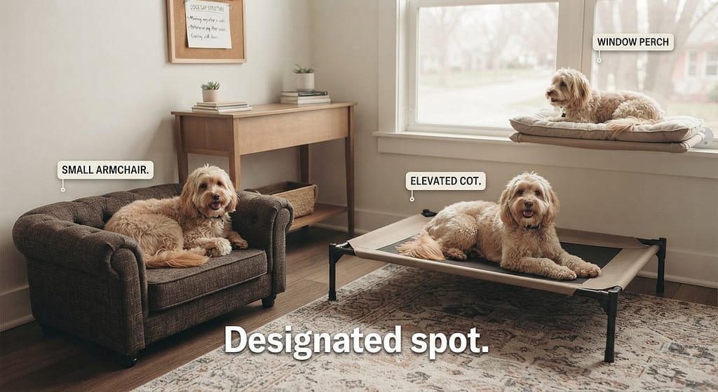 Dog chair photo Small armchair, elevated cot, window perch. Text: "Designated spot."