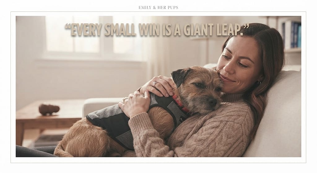Owner and dog relaxing photo Small dog and owner cuddling, trust restored. Text: "Every small win is a giant leap."