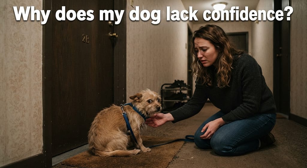 Relatable "trembling dog" photo Small dog cowering near apartment door, owner looking concerned. Text: "Why does my dog lack confidence?"