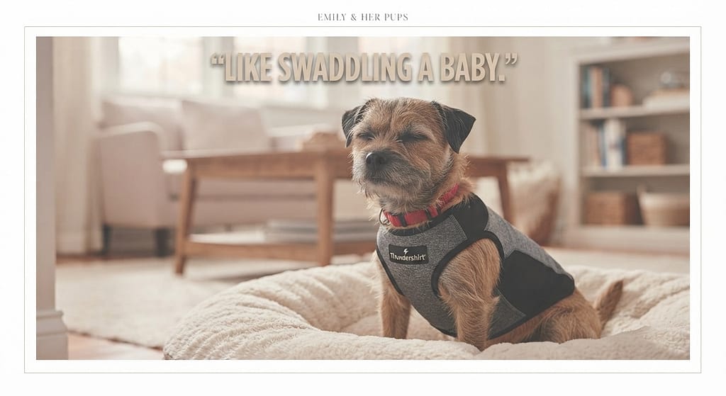 Thundershirt action photo Small dog wearing Thundershirt, calm. Text: "Like swaddling a baby."