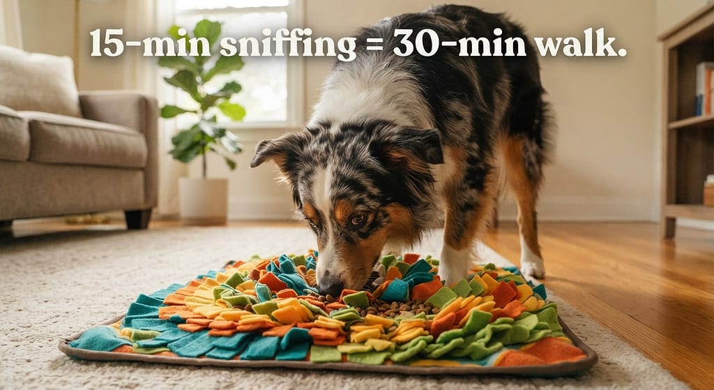 Snuffle mat action photo High-energy dog foraging in snuffle mat. Text: "15-min sniffing = 30-min walk."