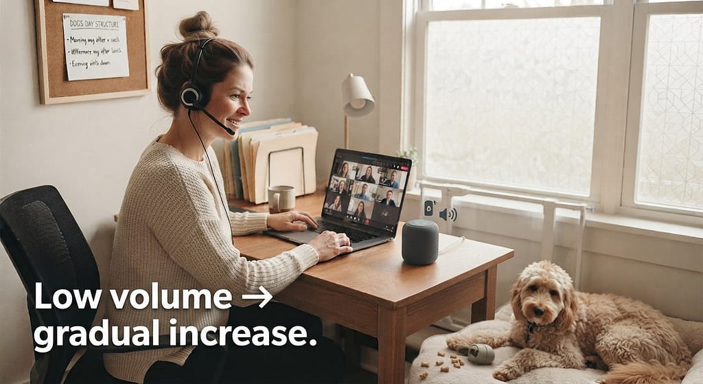 Desensitization setup photo Speaker playing doorbell sound, dog calm, treats. Text: "Low volume → gradual increase."