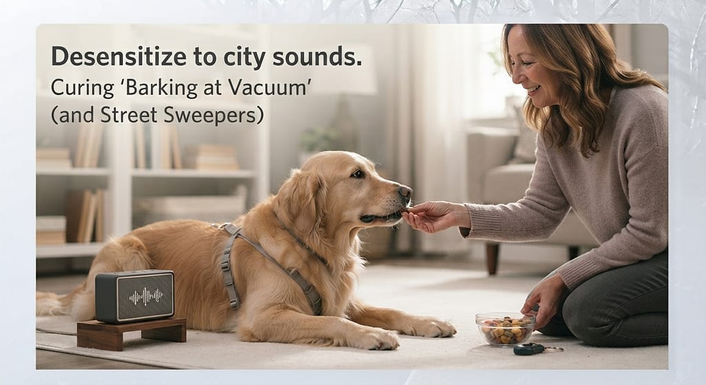 Desensitization setup photo Speaker playing street noise, dog calm, treats. Text: "Desensitize to city sounds."