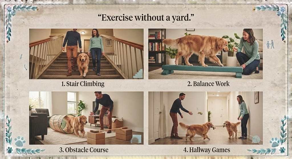 Apartment exercise collage Stair climbing, balance work, obstacle course, hallway games. Text: "Exercise without a yard."