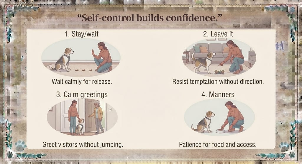 Impulse control exercises photo Stay/wait, leave it, calm greetings, manners. Text: "Self-control builds confidence."