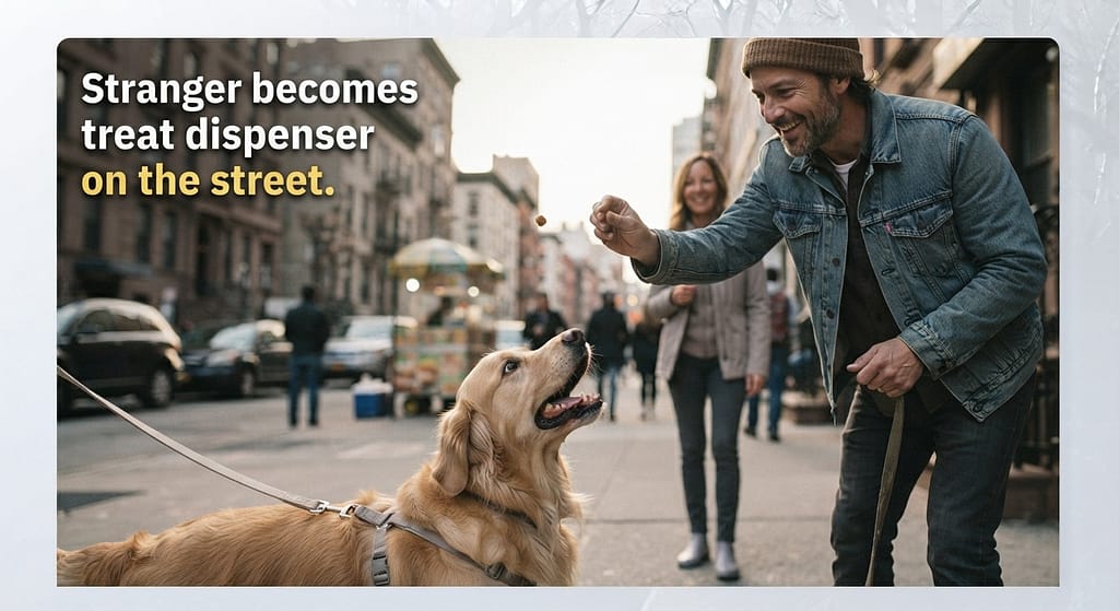 Visitor treat toss photo Stranger tossing treat to dog. Text: "Stranger becomes treat dispenser."